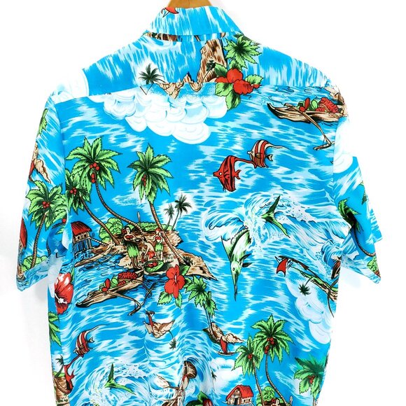 Vtg Van Cort Hawaiian Shirt Men's L? Short Sleeve Blue White Fish Island Print - Picture 4 of 7